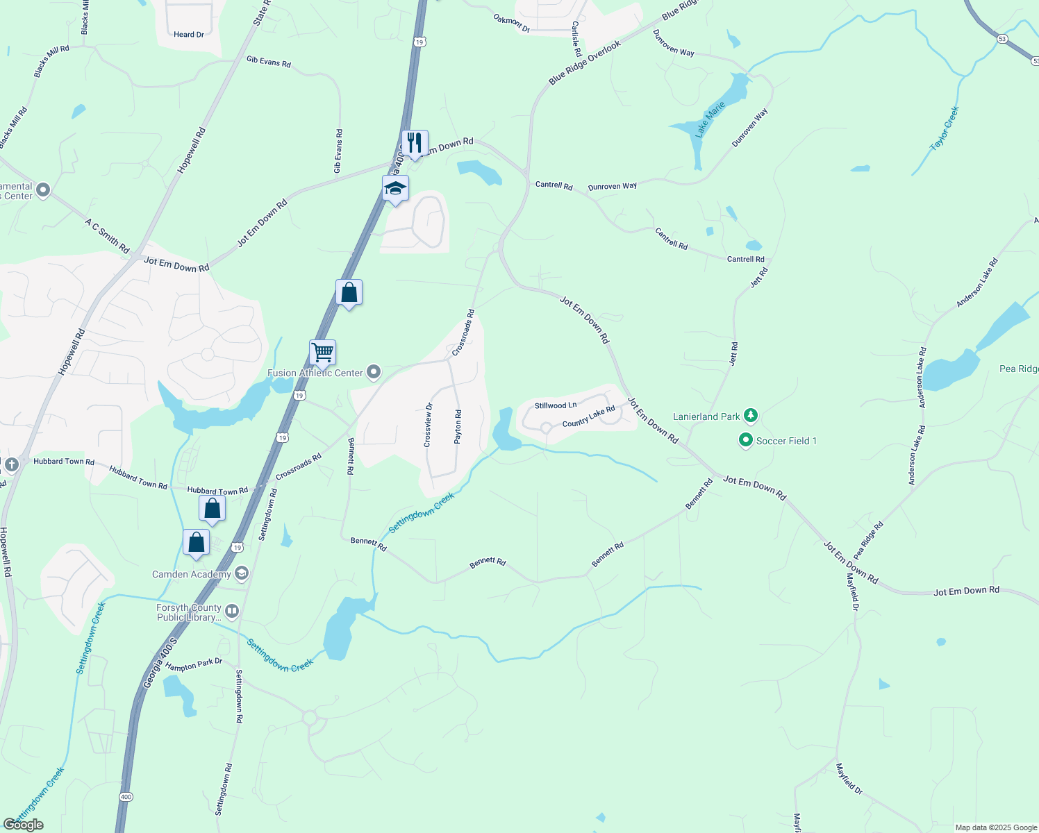 map of restaurants, bars, coffee shops, grocery stores, and more near 6280 Stillwood Lane in Cumming