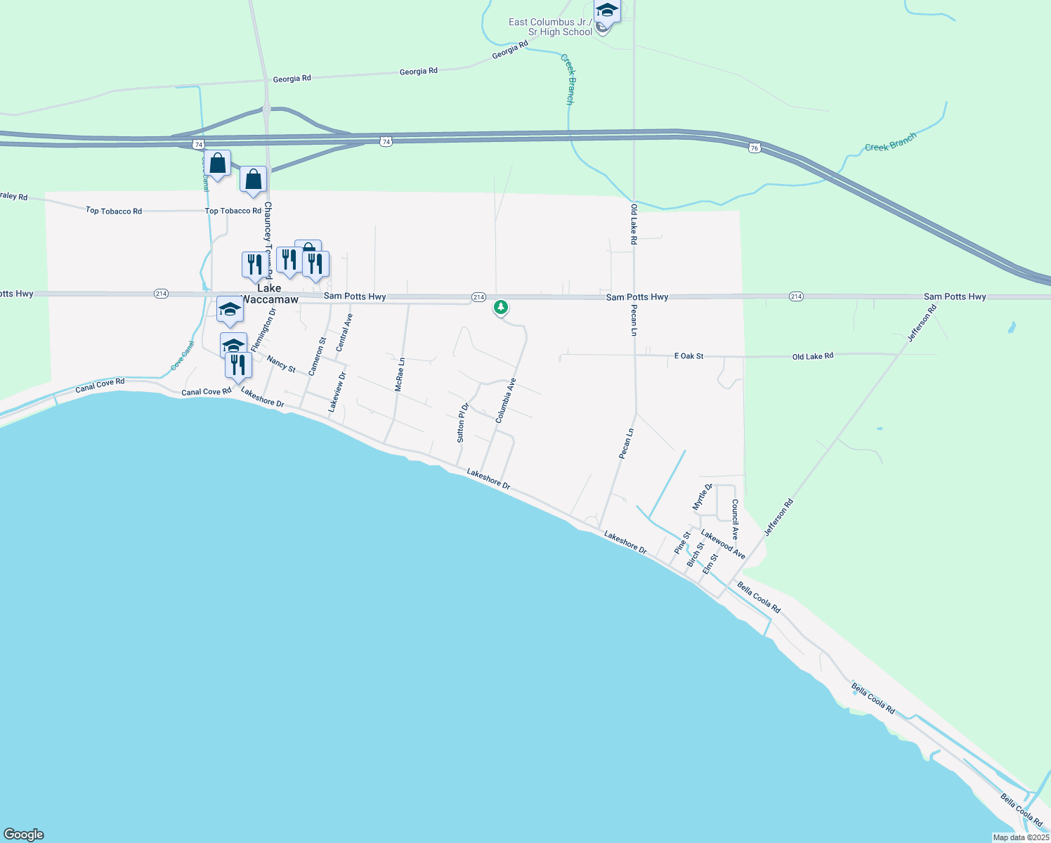 map of restaurants, bars, coffee shops, grocery stores, and more near 109 Pecan Avenue in Lake Waccamaw