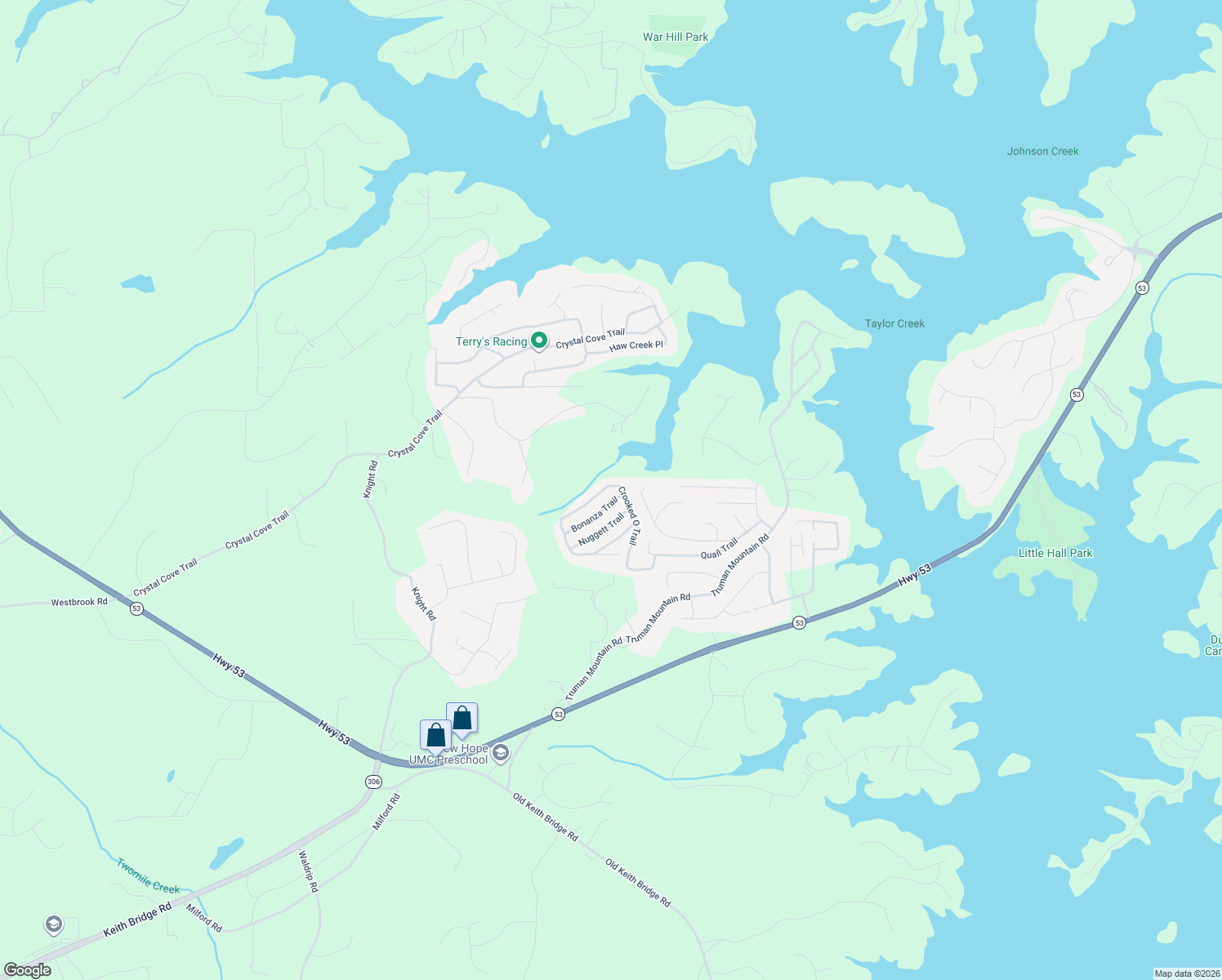 map of restaurants, bars, coffee shops, grocery stores, and more near 6505 Crooked O Trail in Gainesville
