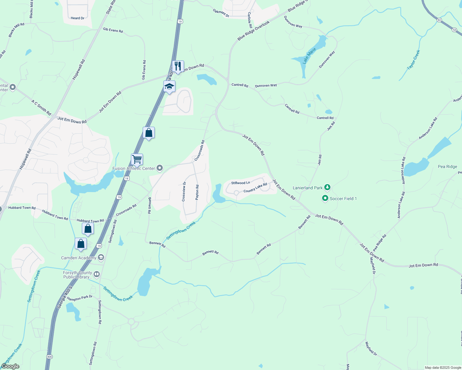 map of restaurants, bars, coffee shops, grocery stores, and more near 6235 Stillwood Lane in Cumming