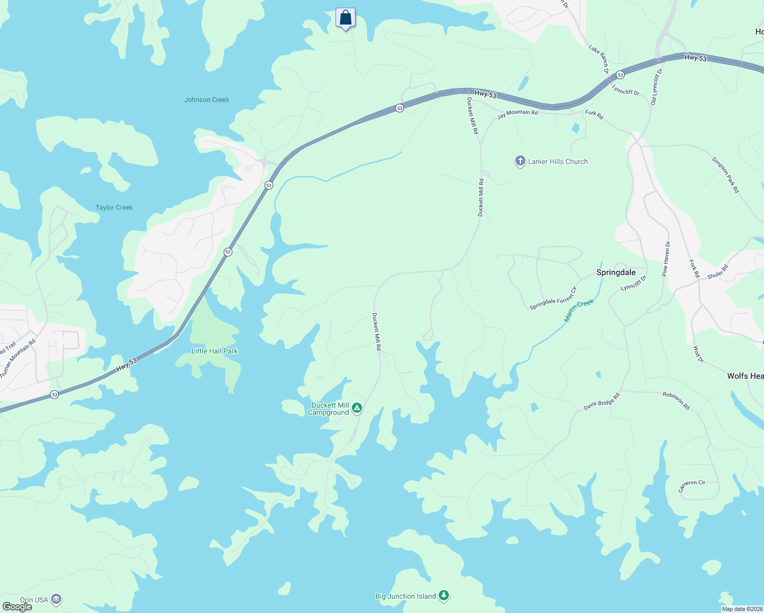 map of restaurants, bars, coffee shops, grocery stores, and more near 3445 Duckett Mill Road in Gainesville