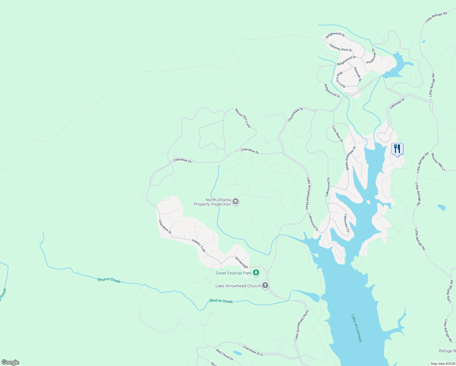 map of restaurants, bars, coffee shops, grocery stores, and more near 162 Sitting Bull Court in Waleska