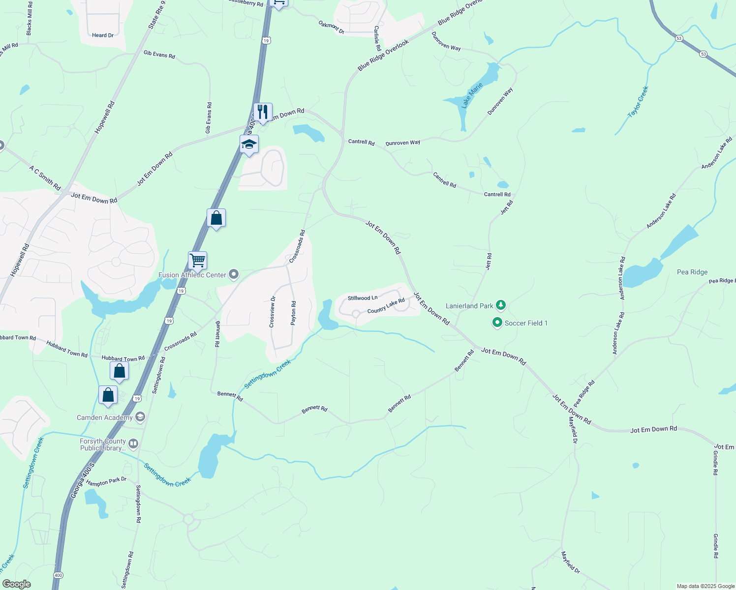 map of restaurants, bars, coffee shops, grocery stores, and more near 6140 Stillwood Lane in Cumming