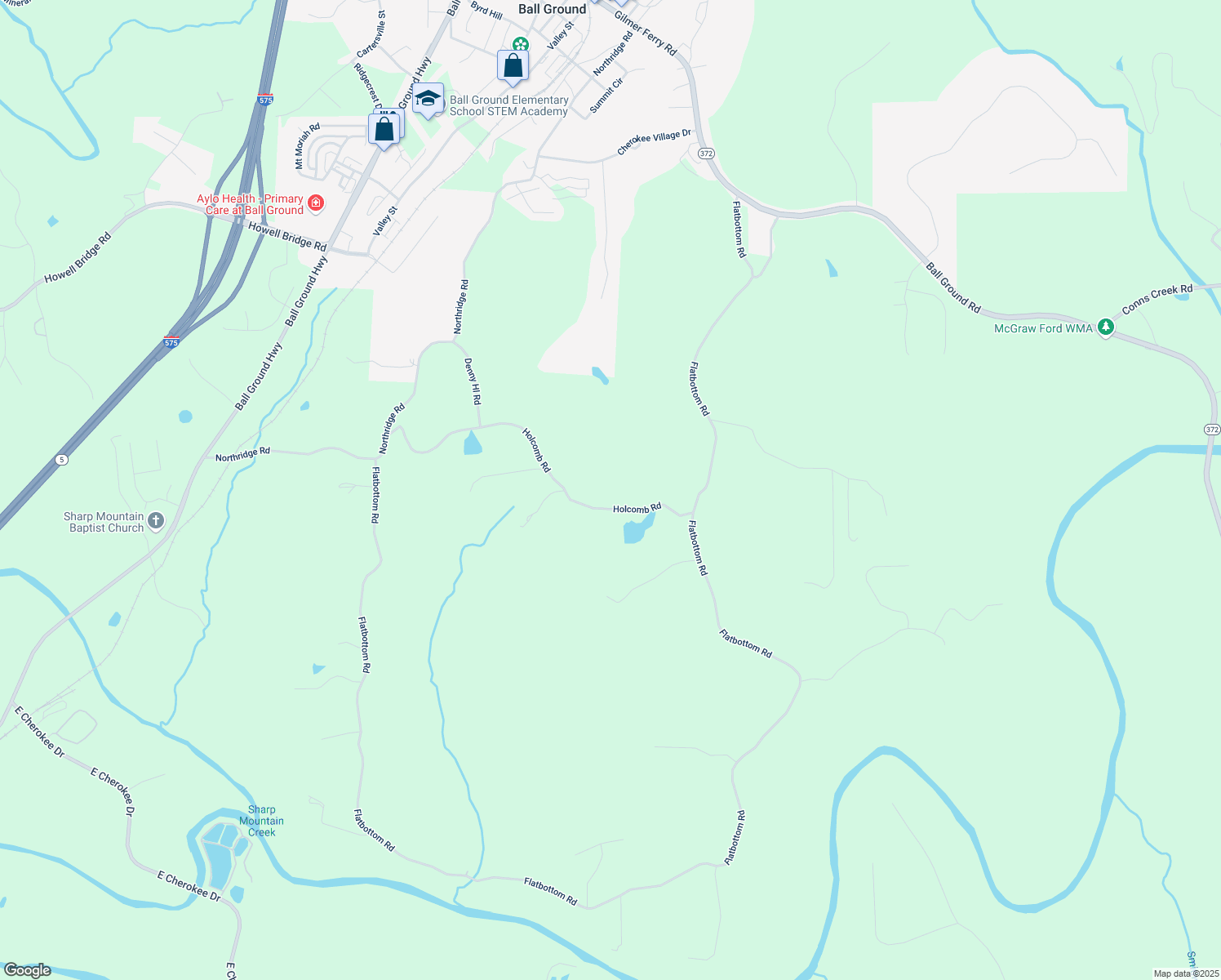 map of restaurants, bars, coffee shops, grocery stores, and more near 1055 Holcomb Road in Ball Ground