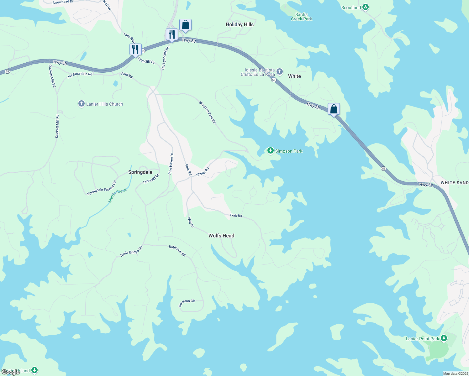map of restaurants, bars, coffee shops, grocery stores, and more near 3416 Rock Ridge Drive in Gainesville