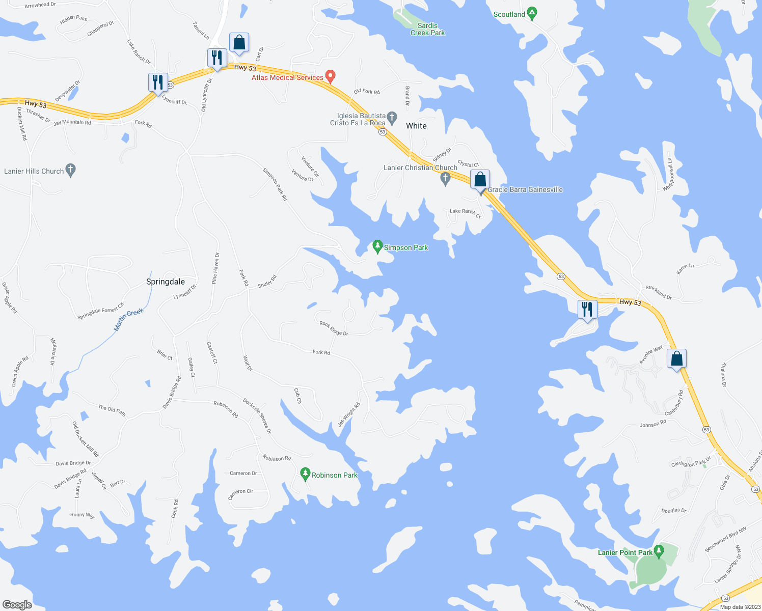 map of restaurants, bars, coffee shops, grocery stores, and more near 3438 Lake Ridge Place in Gainesville