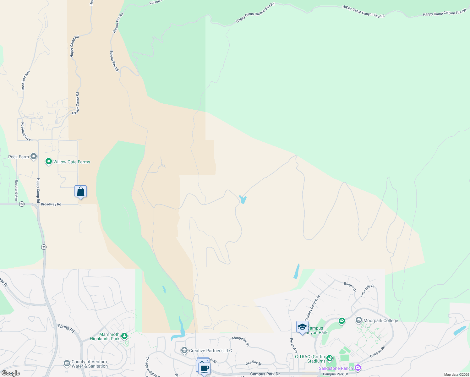 map of restaurants, bars, coffee shops, grocery stores, and more near 15295 Middle Ranch Road in Moorpark