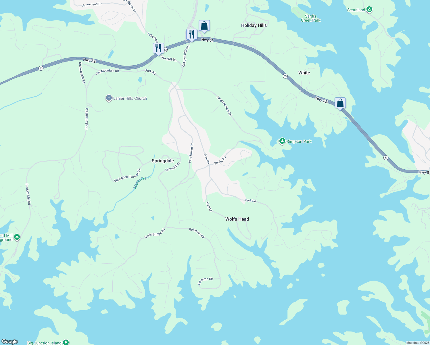 map of restaurants, bars, coffee shops, grocery stores, and more near 3215 Fork Road in Gainesville