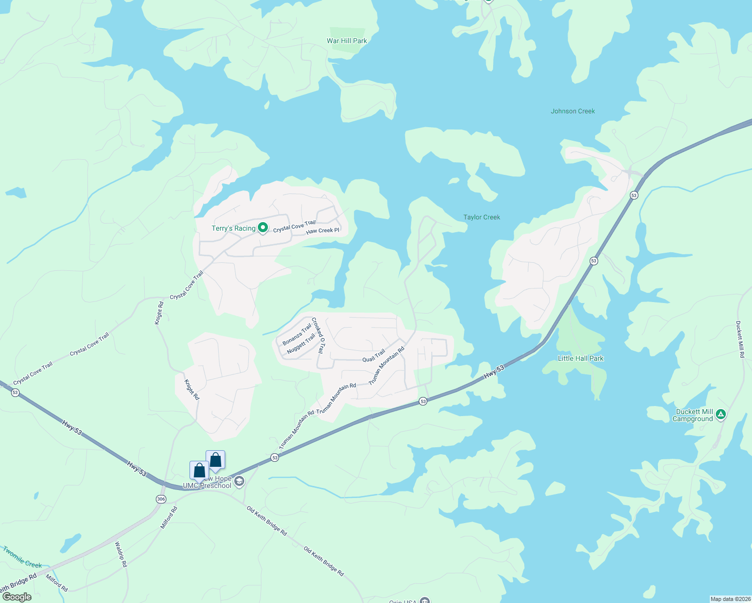 map of restaurants, bars, coffee shops, grocery stores, and more near 5515 Chestatee Landing Way in Gainesville