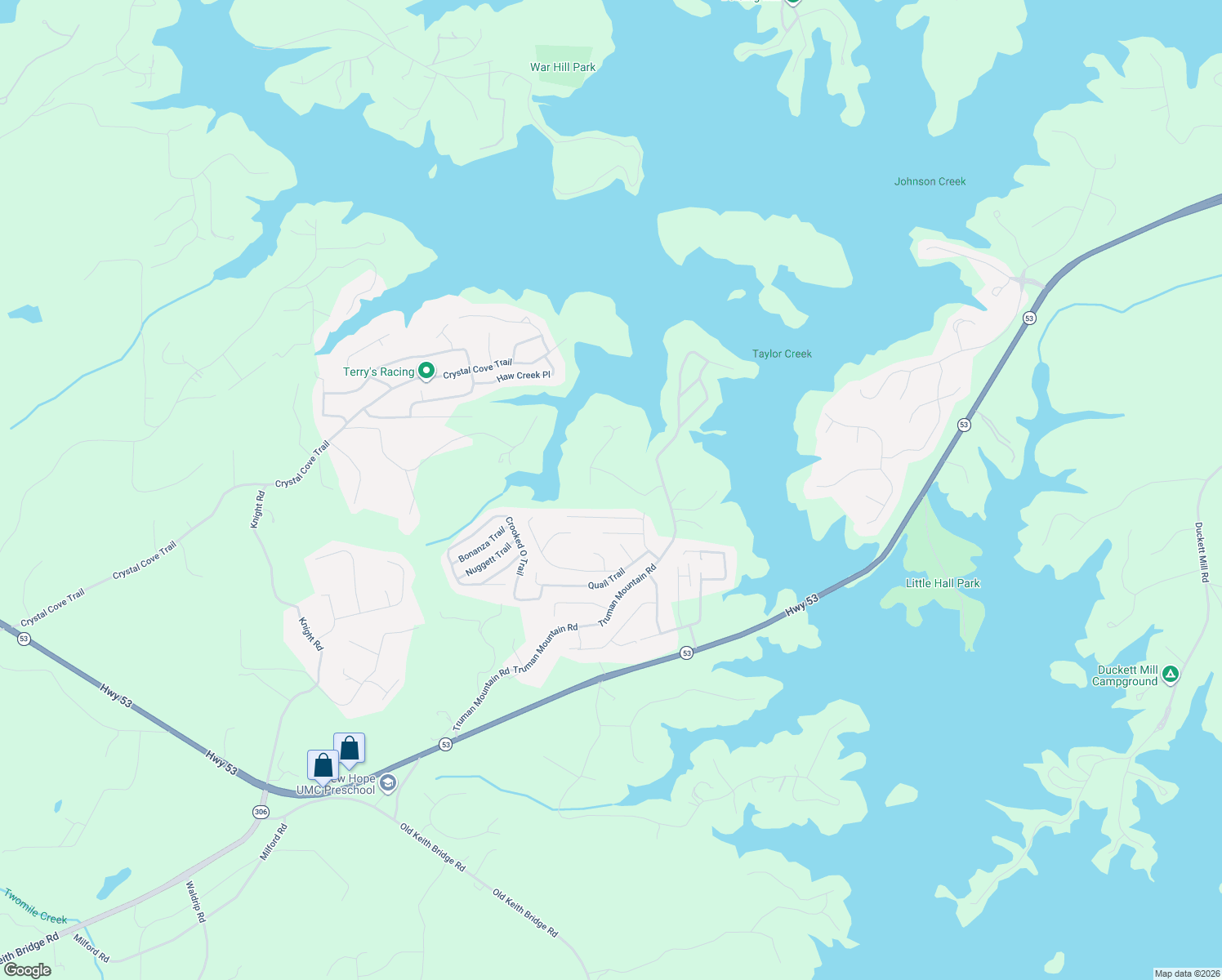 map of restaurants, bars, coffee shops, grocery stores, and more near 5515 Chestatee Landing Way in Gainesville