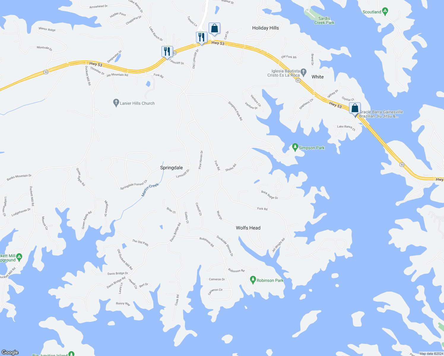map of restaurants, bars, coffee shops, grocery stores, and more near 3207 Fork Road in Gainesville