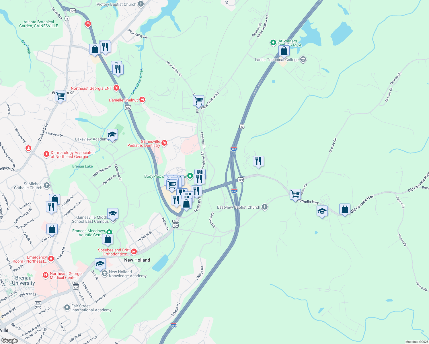 map of restaurants, bars, coffee shops, grocery stores, and more near Crescent Drive in Gainesville