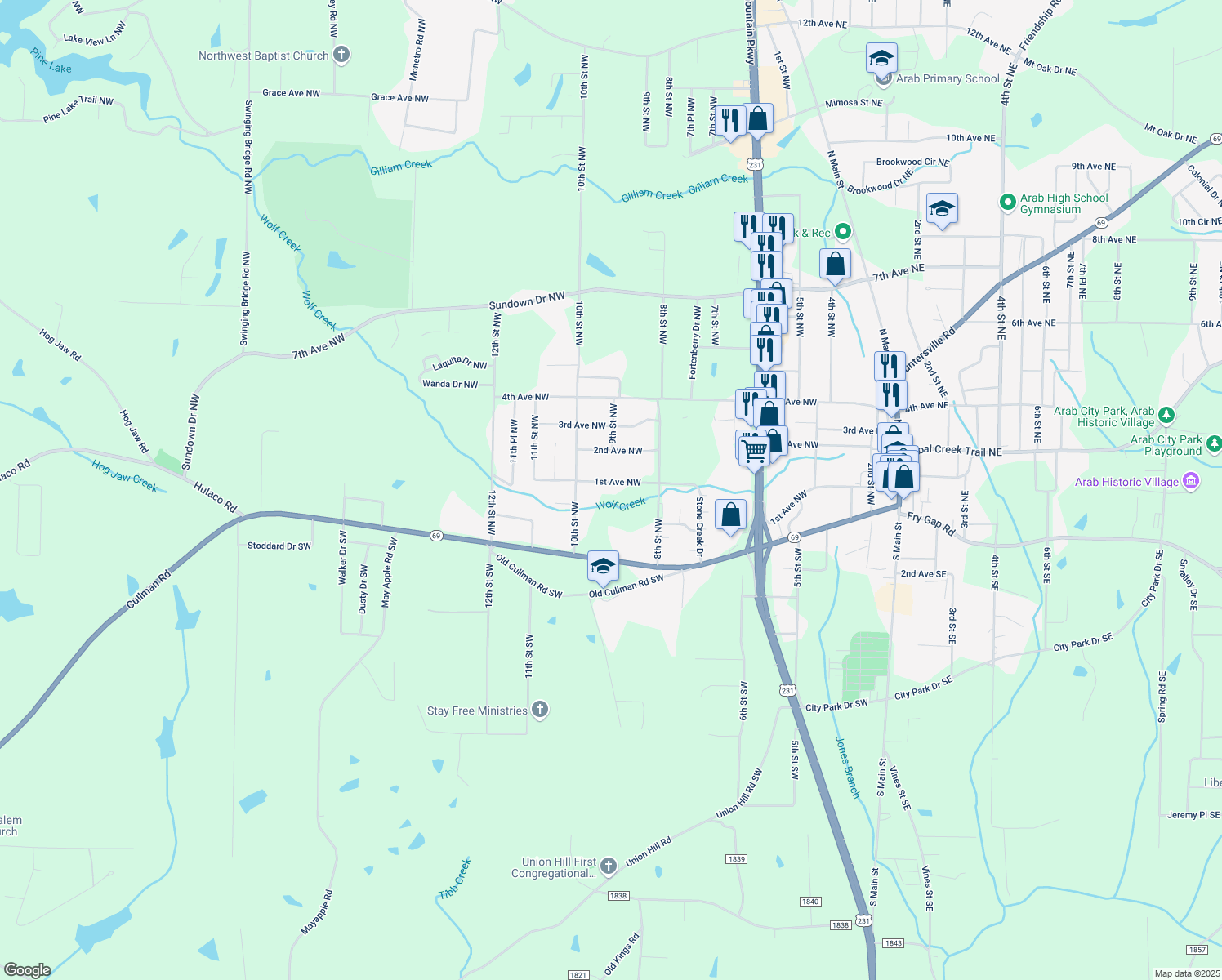 map of restaurants, bars, coffee shops, grocery stores, and more near 915 1st Ave NW in Arab