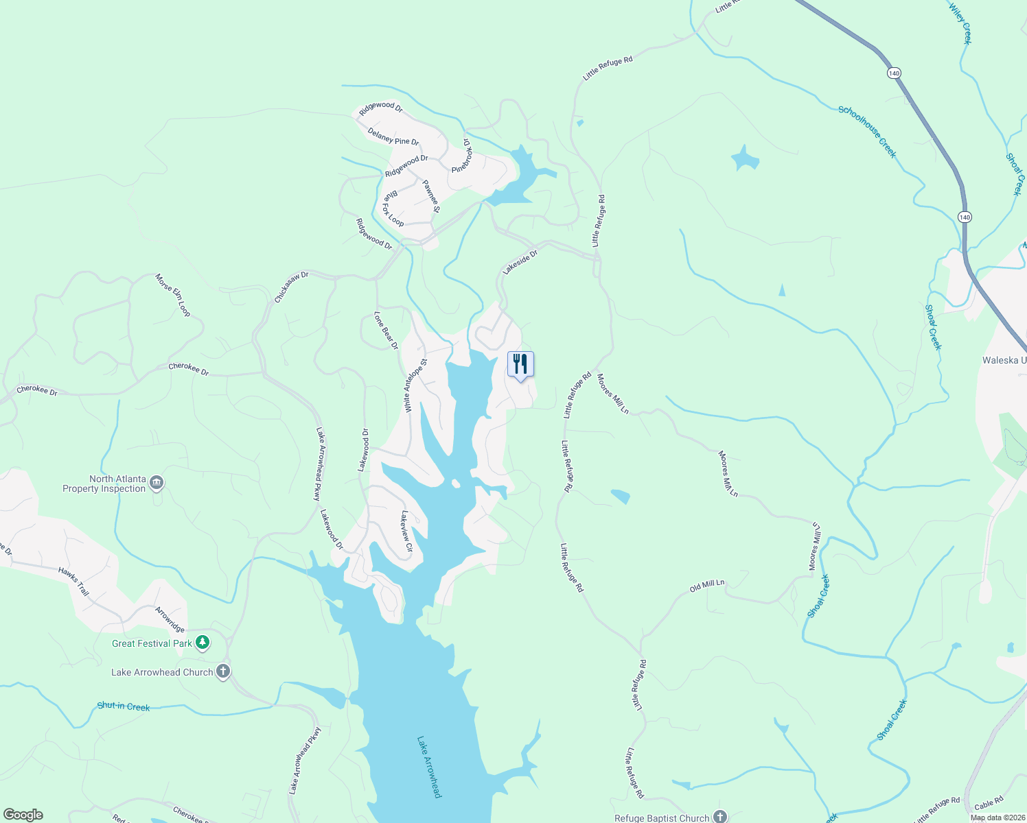 map of restaurants, bars, coffee shops, grocery stores, and more near 280 Hillside Drive in Waleska