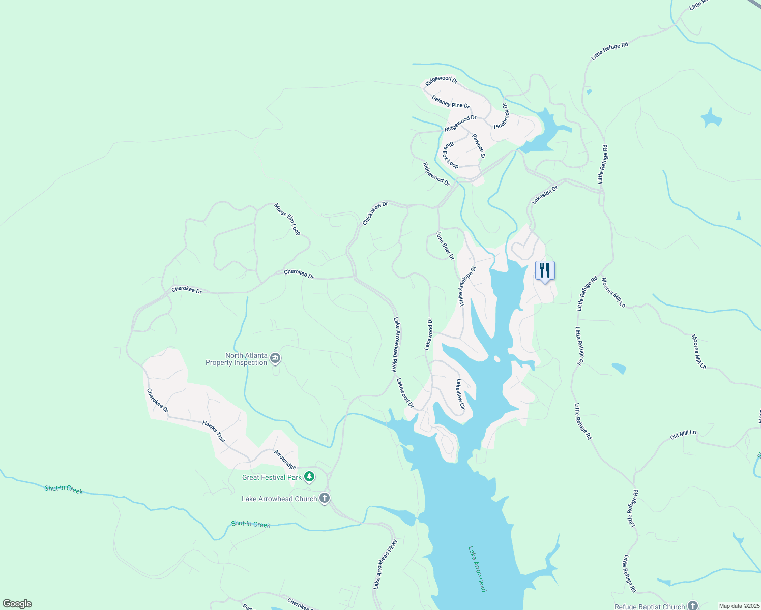 map of restaurants, bars, coffee shops, grocery stores, and more near 886 Lake Arrowhead Parkway in Waleska