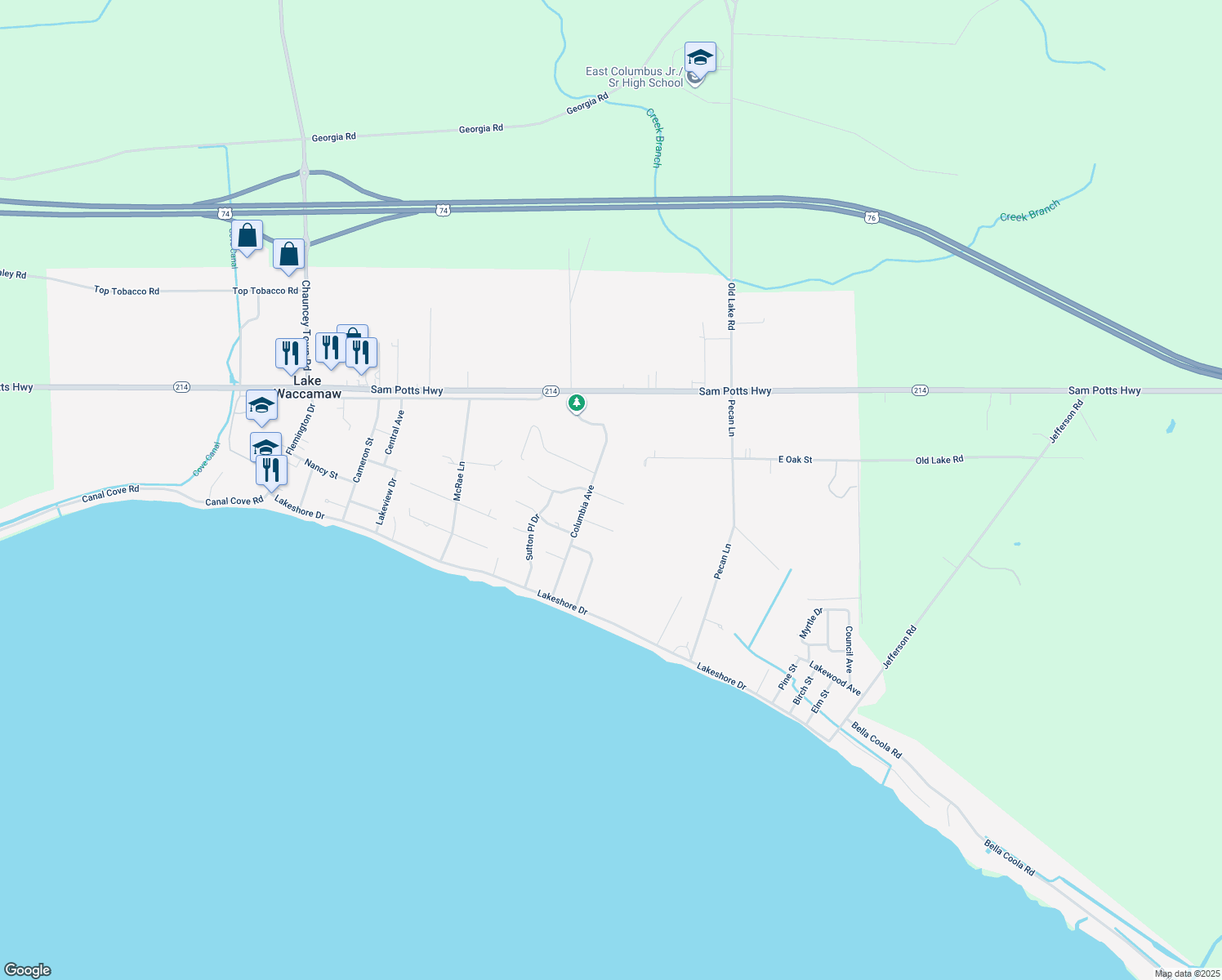 map of restaurants, bars, coffee shops, grocery stores, and more near 112 Schley Avenue in Lake Waccamaw