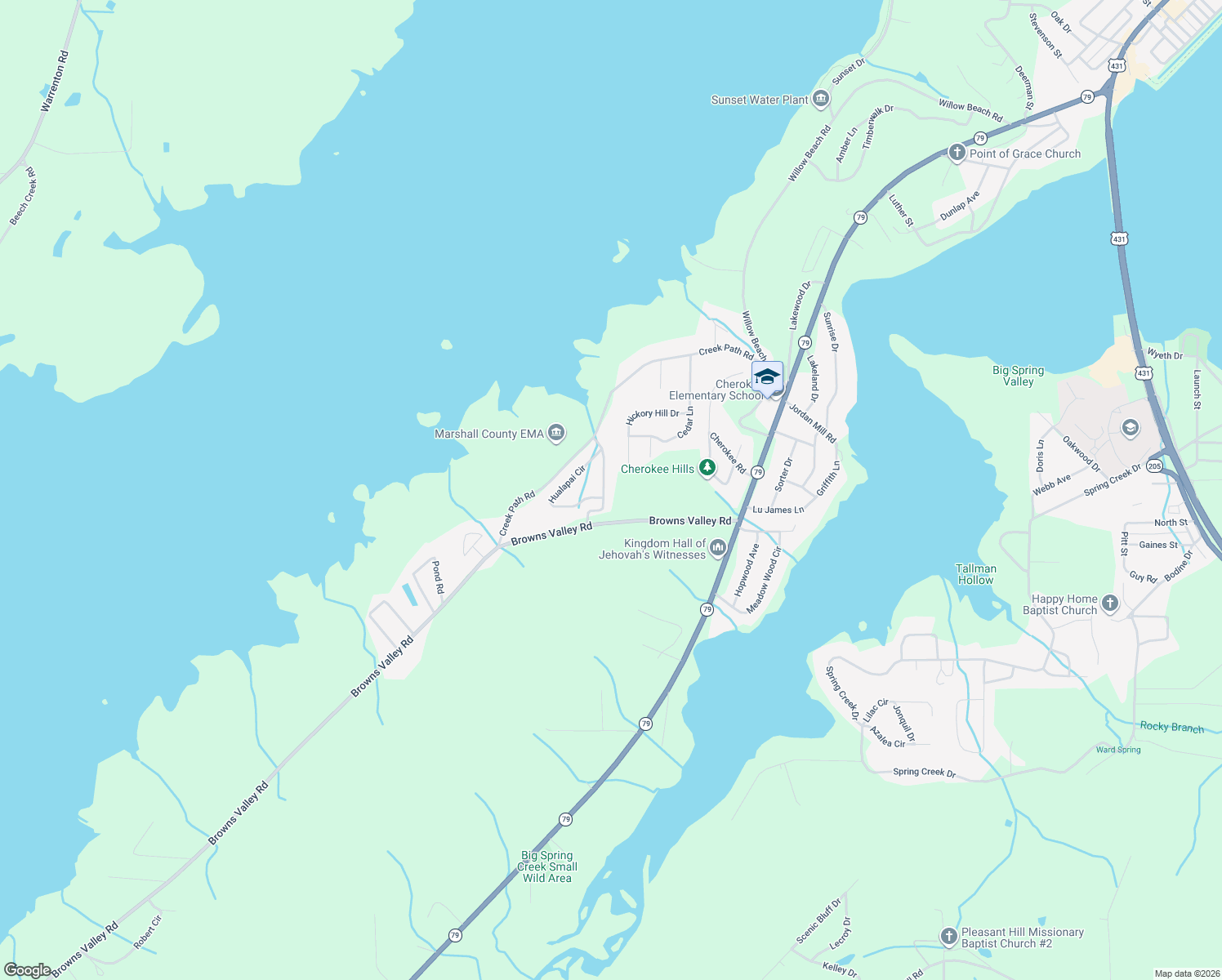 map of restaurants, bars, coffee shops, grocery stores, and more near 3649 Hualapai Circle in Guntersville