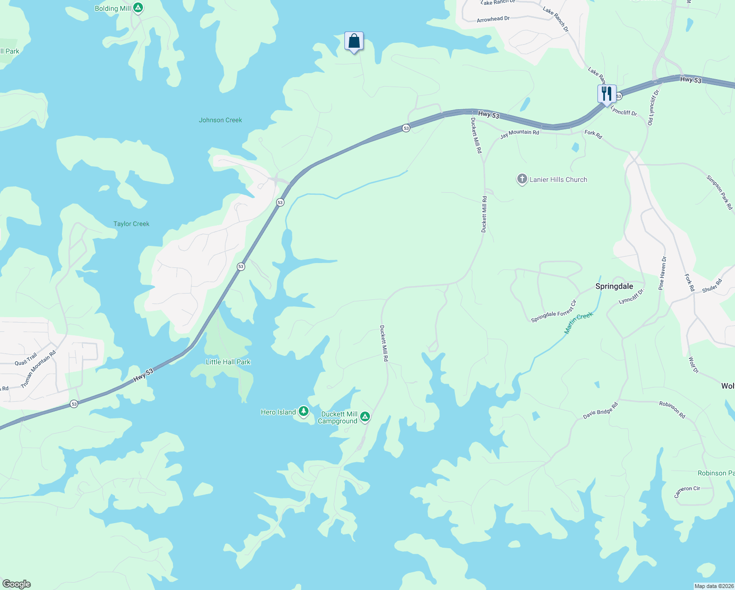 map of restaurants, bars, coffee shops, grocery stores, and more near 3314 Banks Mountain Drive in Gainesville