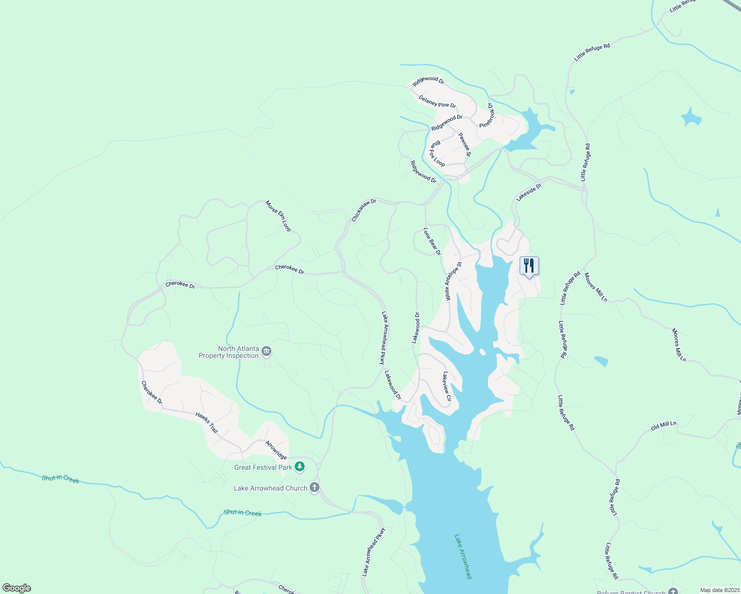 map of restaurants, bars, coffee shops, grocery stores, and more near 886 Lake Arrowhead Parkway in Waleska