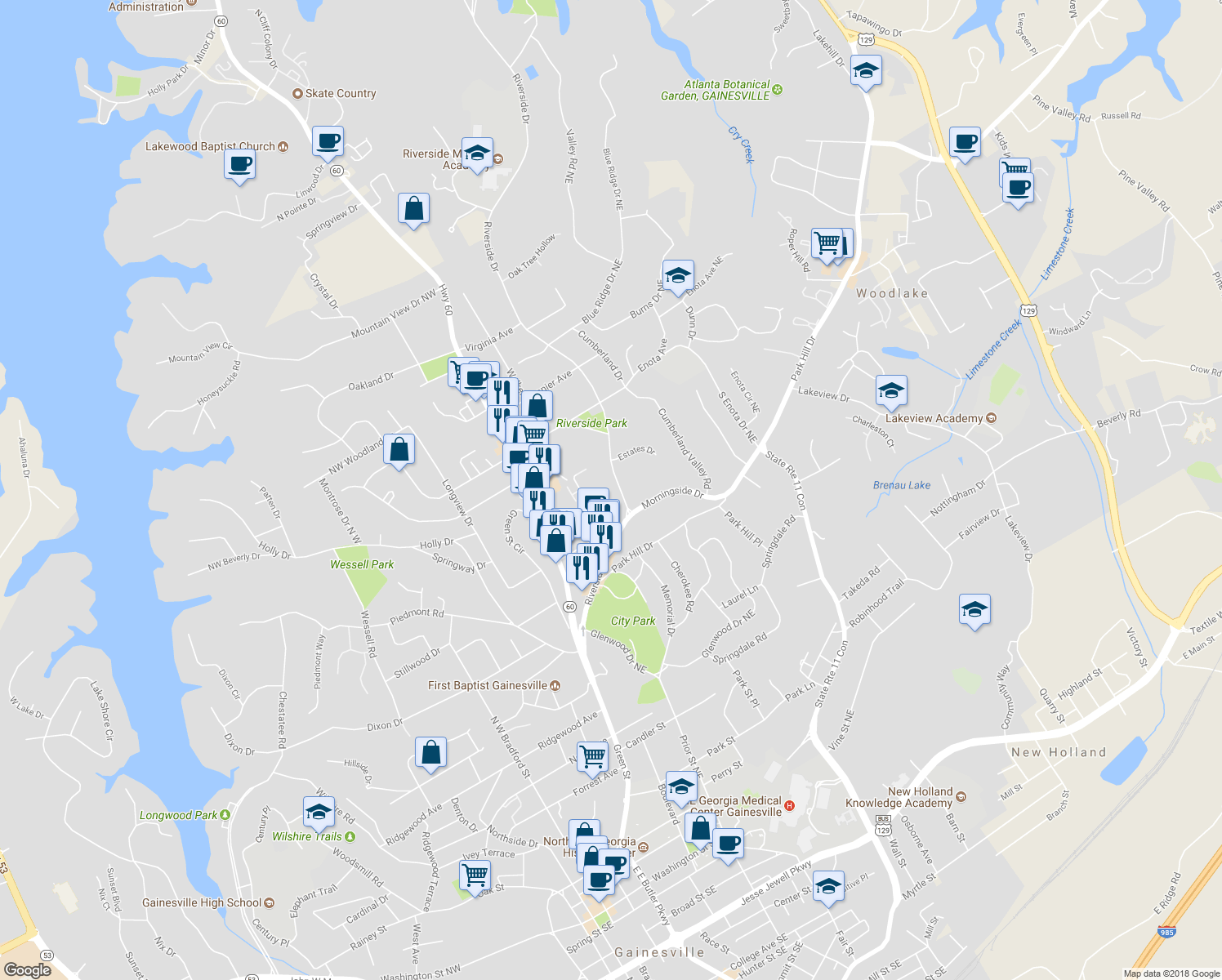 map of restaurants, bars, coffee shops, grocery stores, and more near 1117 Riverside Drive in Gainesville