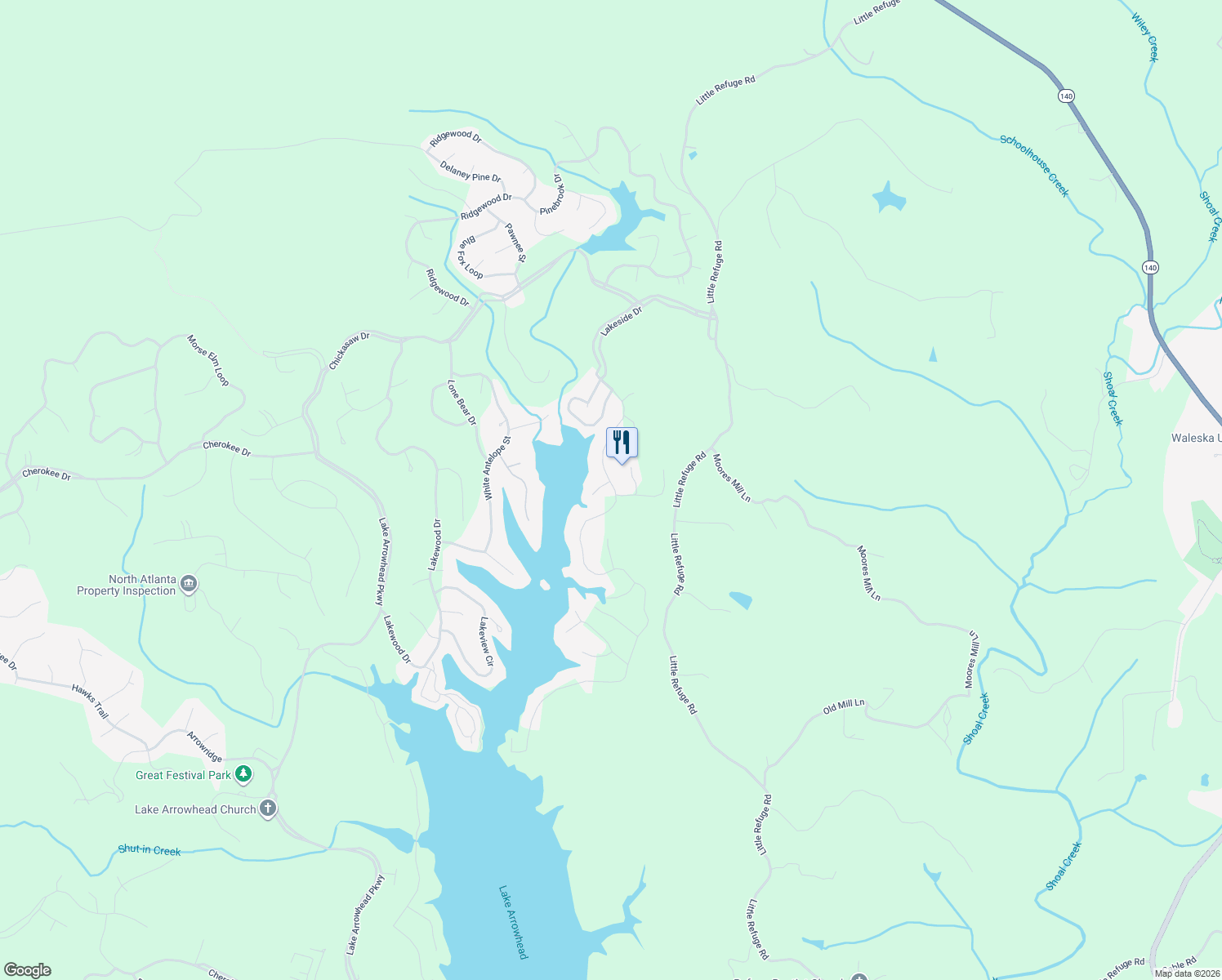map of restaurants, bars, coffee shops, grocery stores, and more near 257 Hillside Drive in Waleska