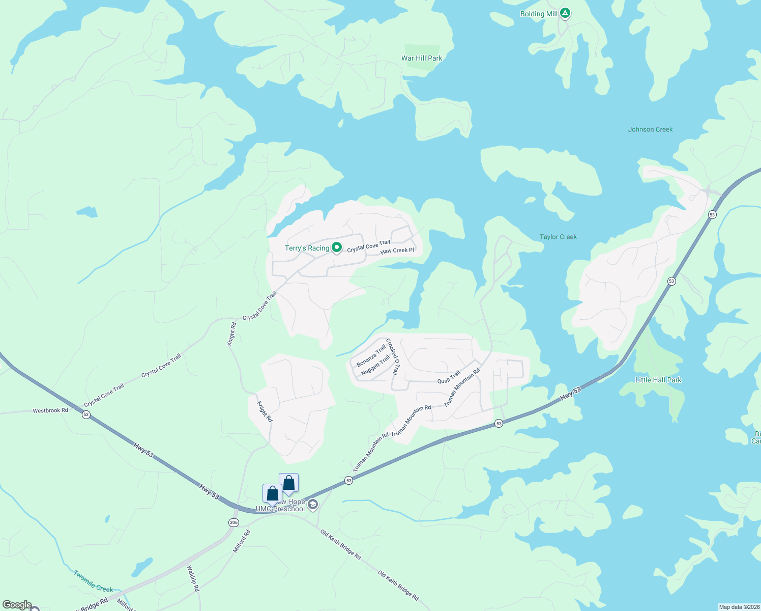 map of restaurants, bars, coffee shops, grocery stores, and more near 6524 Medlock Road in Gainesville