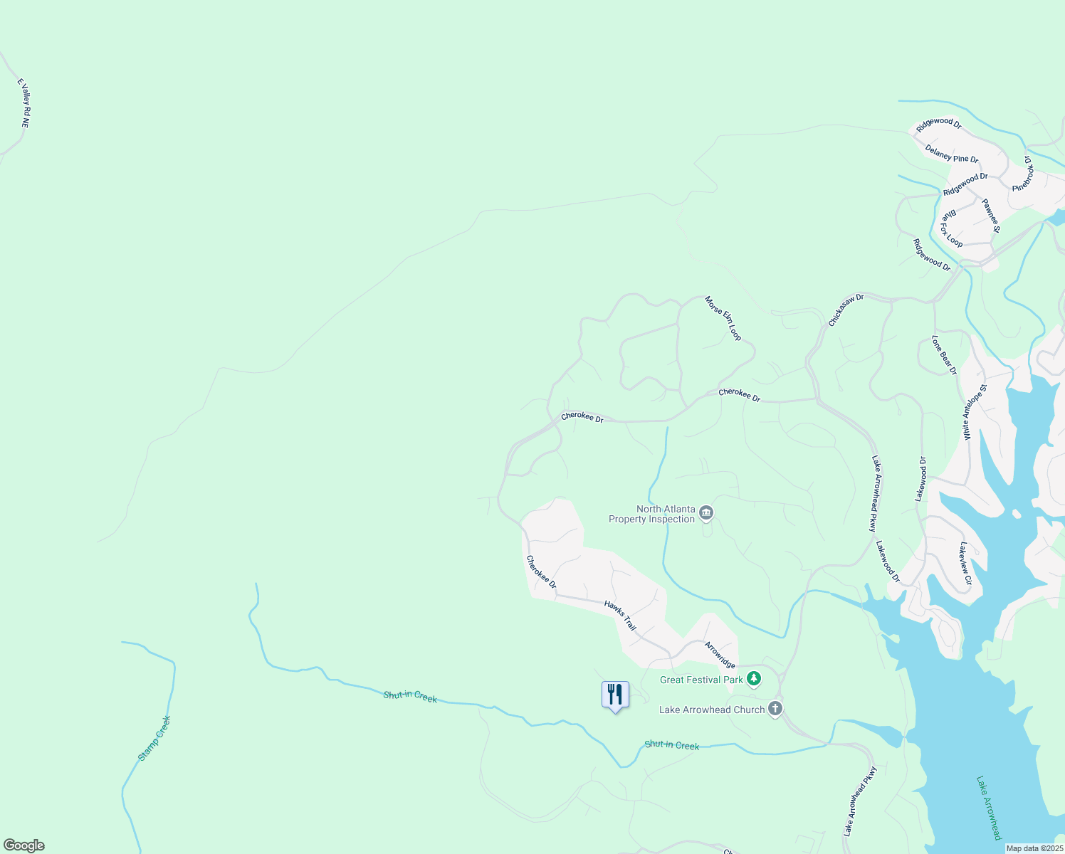 map of restaurants, bars, coffee shops, grocery stores, and more near 284 Cherokee Drive in Waleska