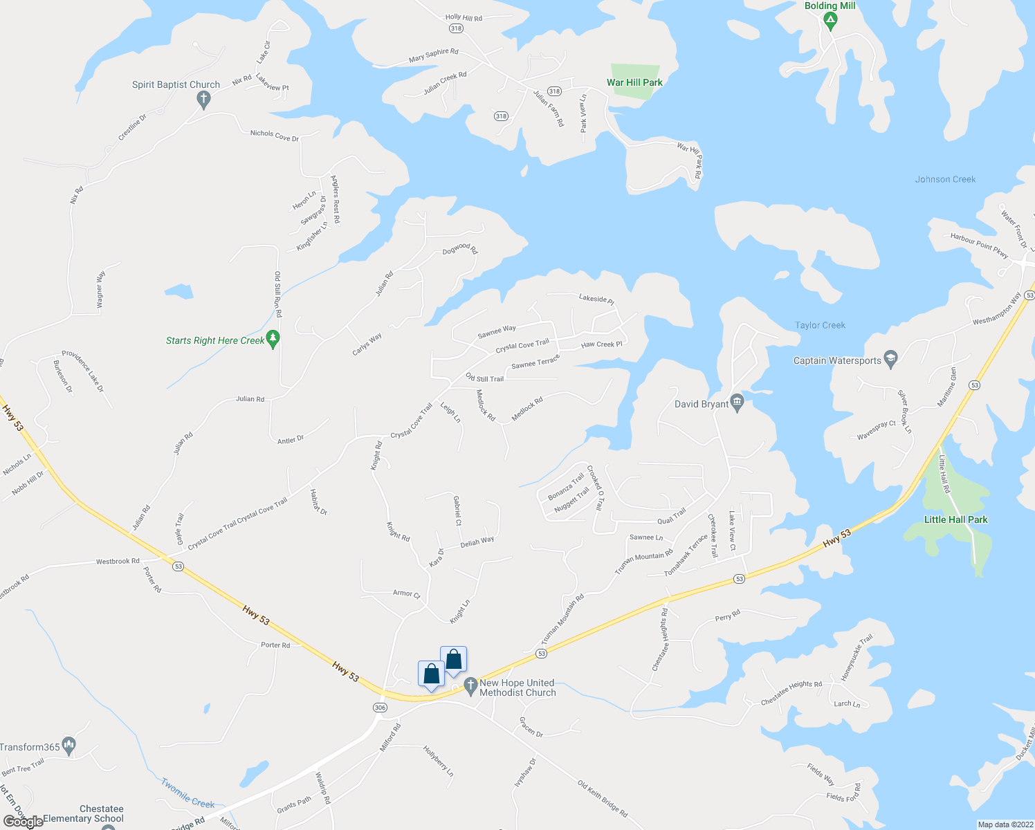map of restaurants, bars, coffee shops, grocery stores, and more near 6515 Medlock Road in Gainesville