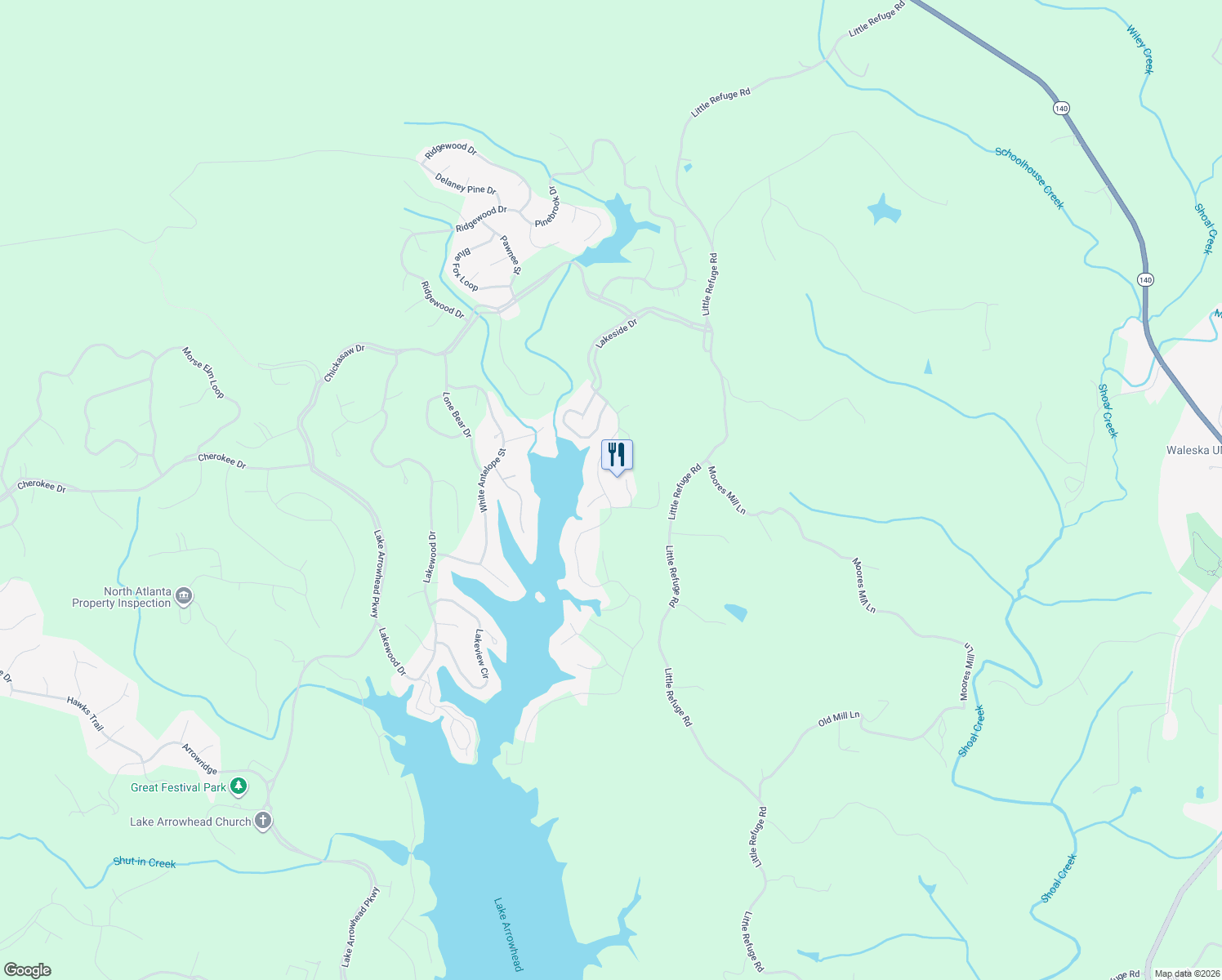 map of restaurants, bars, coffee shops, grocery stores, and more near 257 Hillside Drive in Waleska
