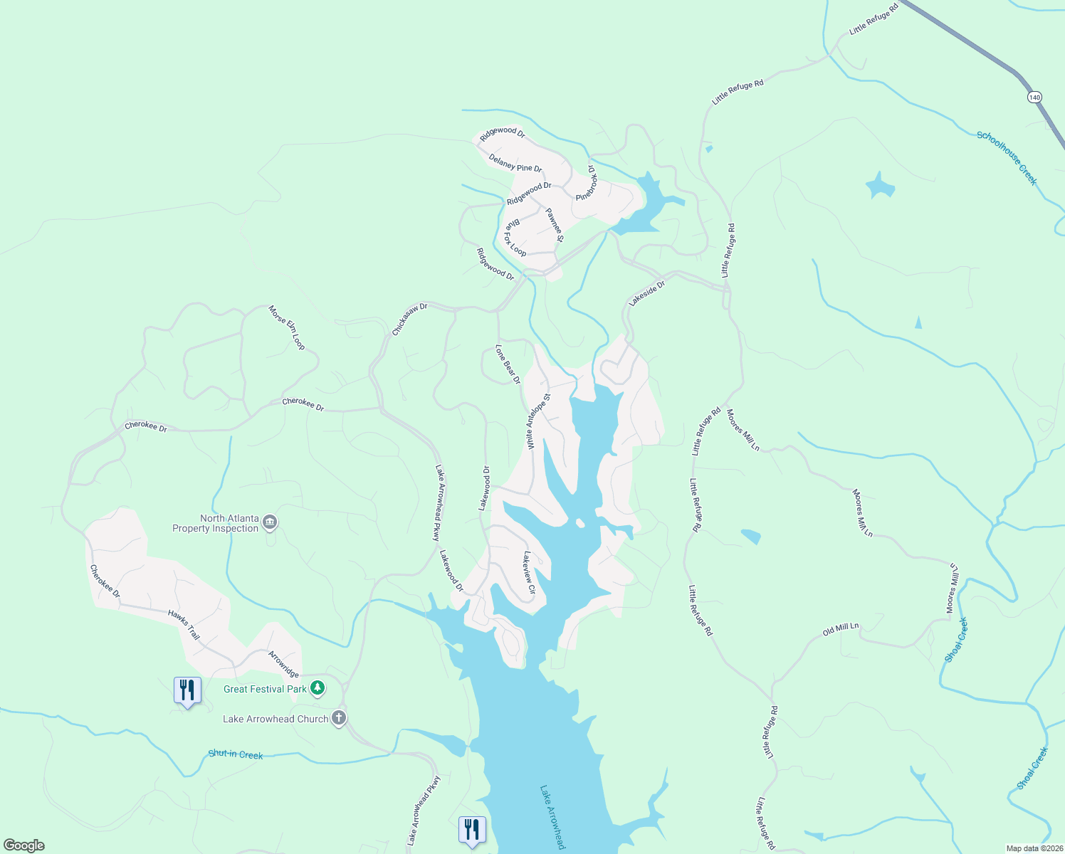 map of restaurants, bars, coffee shops, grocery stores, and more near 181 White Antelope Street in Waleska