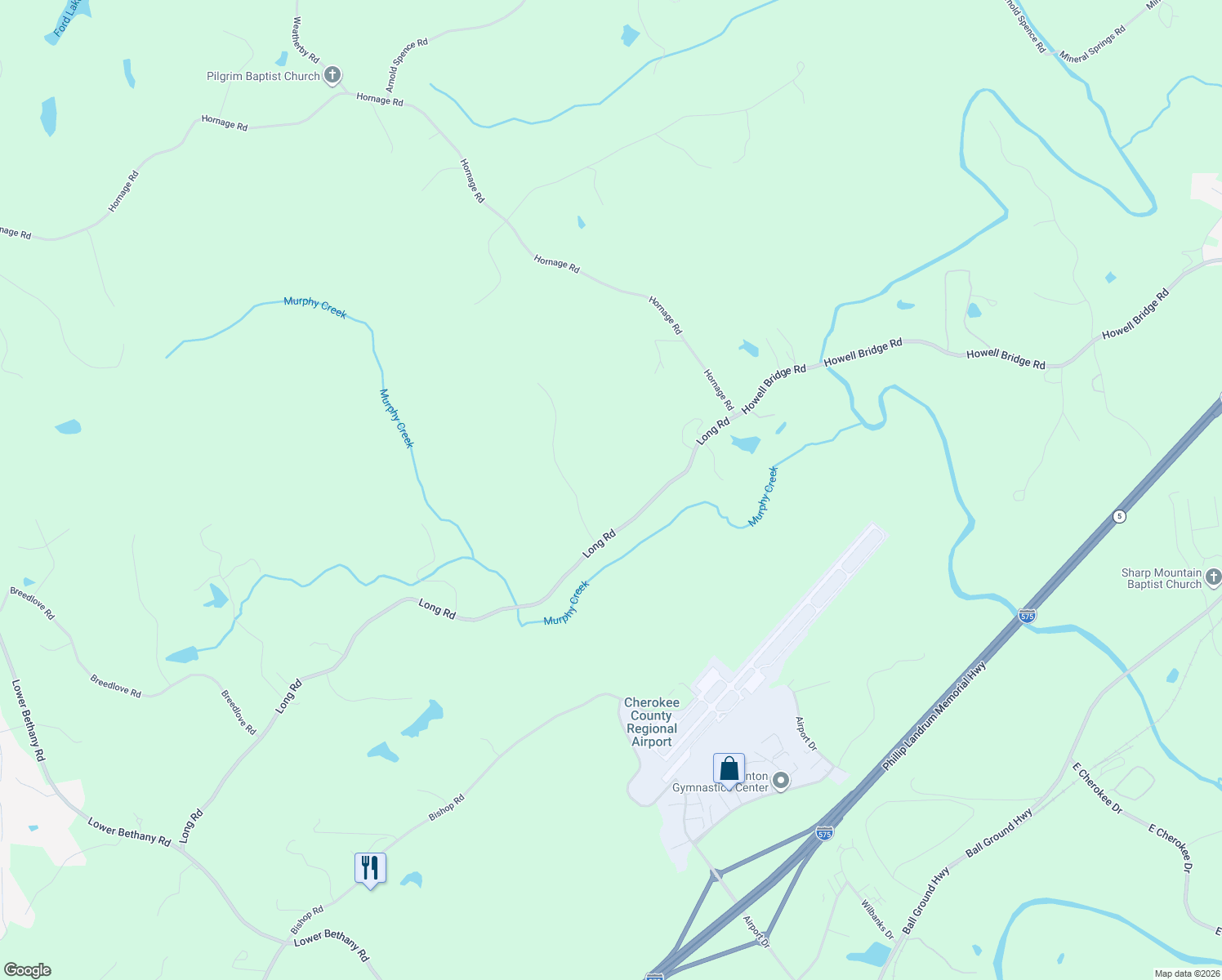 map of restaurants, bars, coffee shops, grocery stores, and more near 160 Olivia Lane in Ball Ground