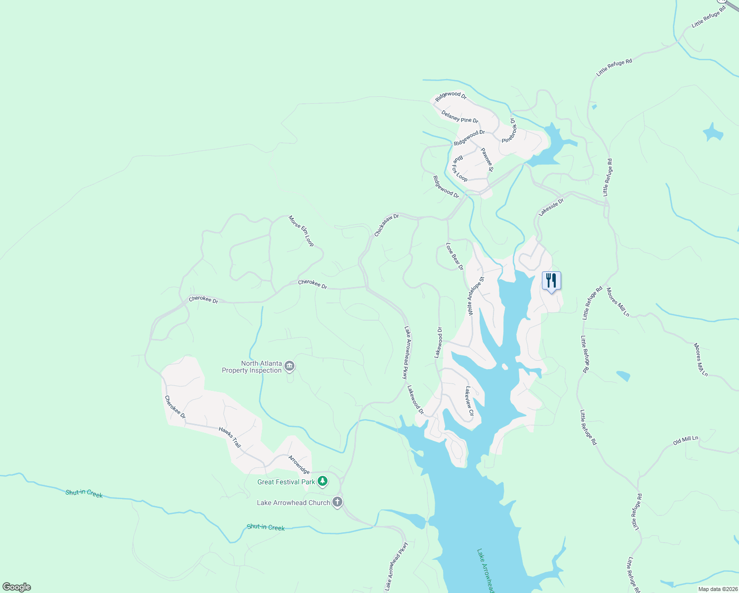 map of restaurants, bars, coffee shops, grocery stores, and more near 854 Lake Arrowhead Parkway in Waleska