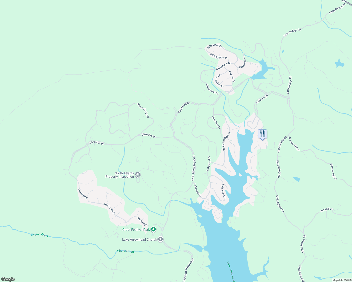 map of restaurants, bars, coffee shops, grocery stores, and more near 854 Lake Arrowhead Parkway in Waleska