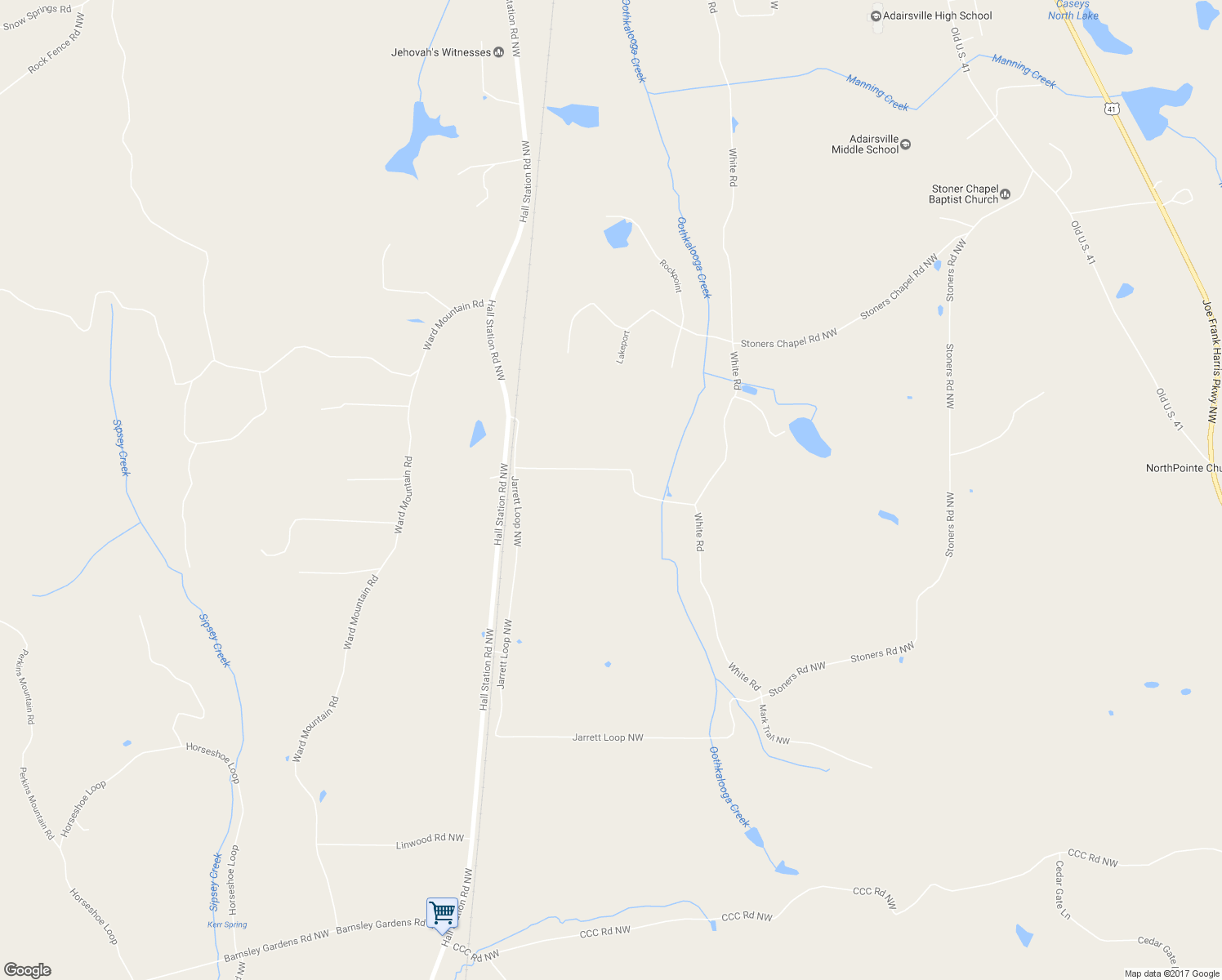 map of restaurants, bars, coffee shops, grocery stores, and more near 83 Jarrett Loop Northwest in Adairsville