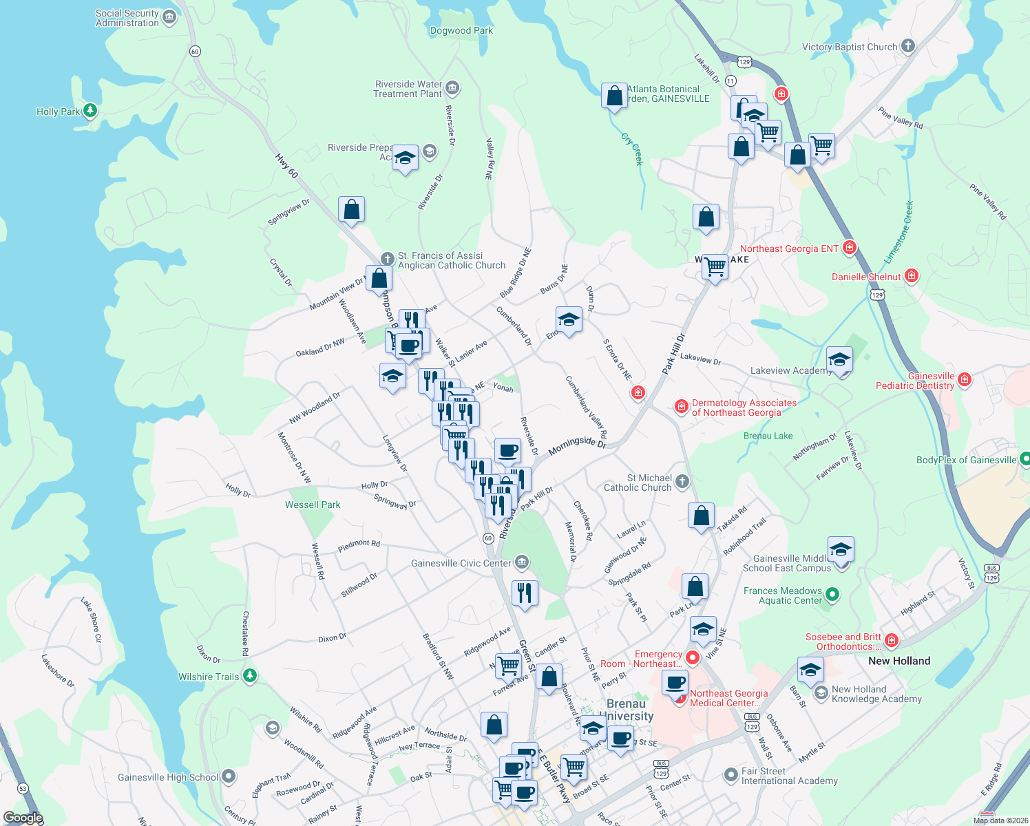map of restaurants, bars, coffee shops, grocery stores, and more near 1189 Riverside Dr in Gainesville