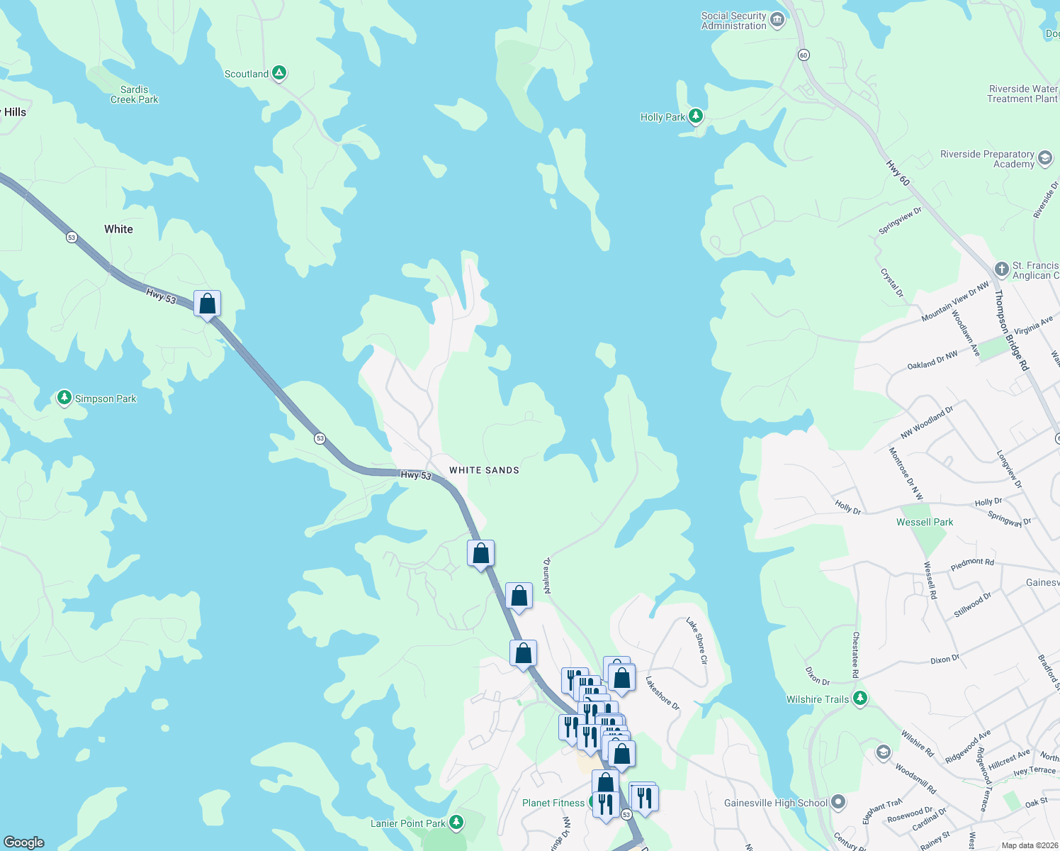 map of restaurants, bars, coffee shops, grocery stores, and more near 2250 Karen Ln in Gainesville