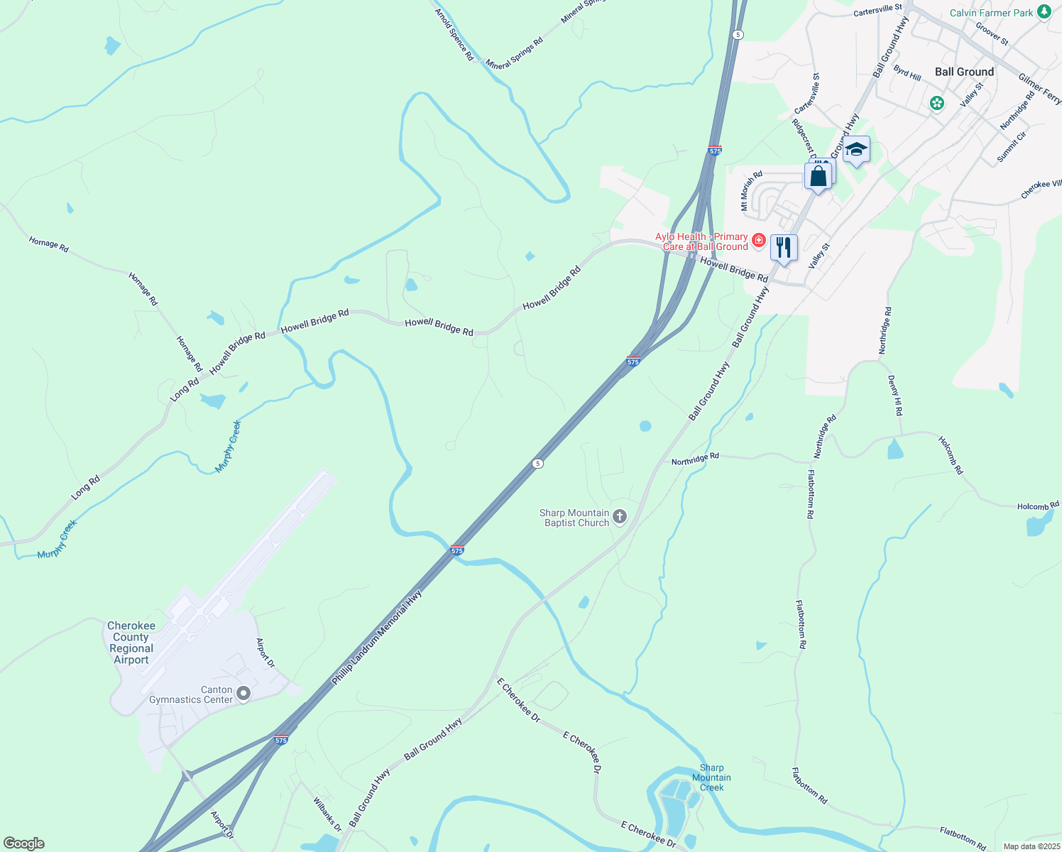 map of restaurants, bars, coffee shops, grocery stores, and more near 410 North Sharp Mountain Church Lane in Ball Ground
