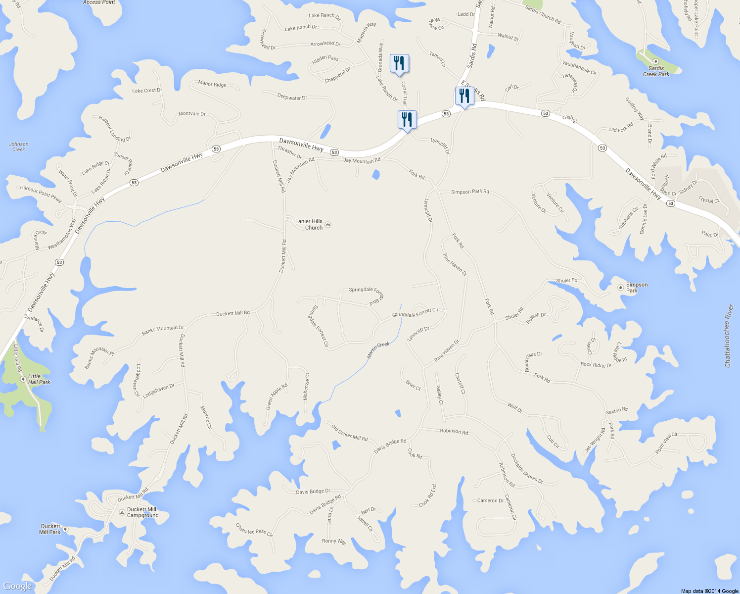 map of restaurants, bars, coffee shops, grocery stores, and more near 3490 Springdale Forrest Blvd in Gainesville