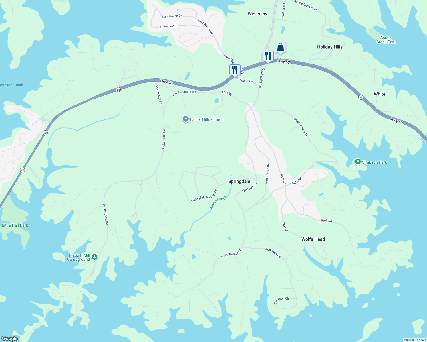 map of restaurants, bars, coffee shops, grocery stores, and more near 3490 Springdale Forrest Boulevard in Gainesville