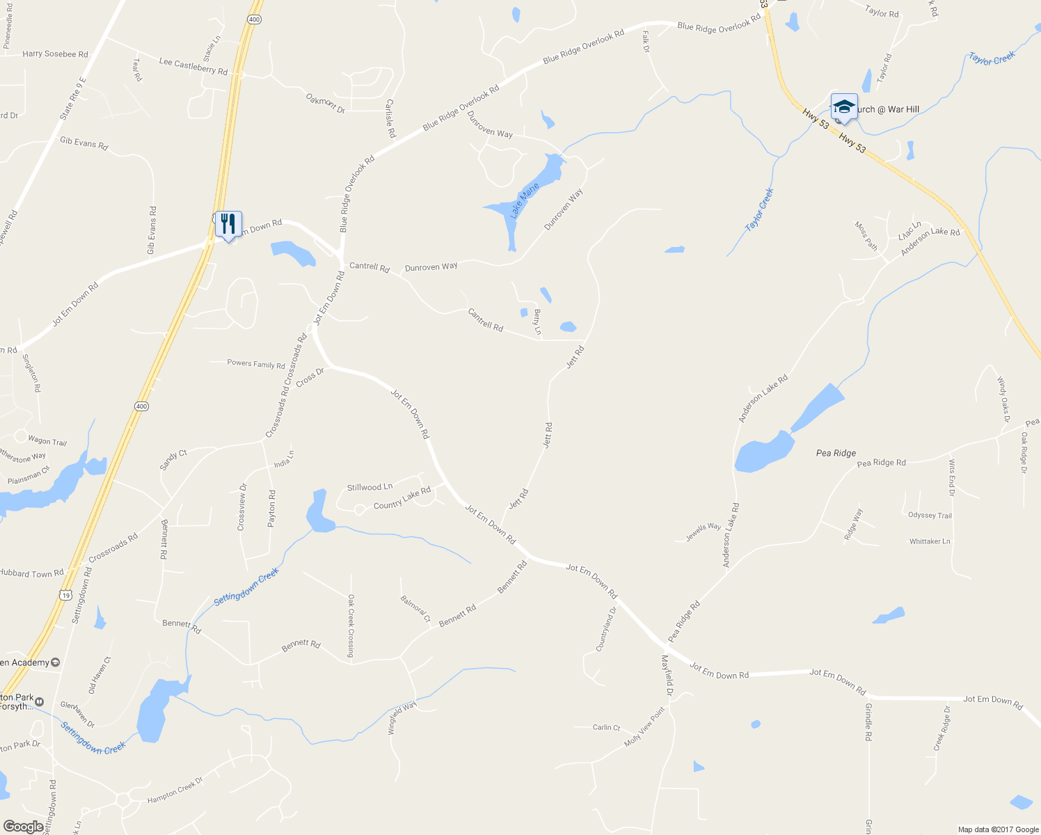 map of restaurants, bars, coffee shops, grocery stores, and more near 6135 Jett Road in Dawsonville