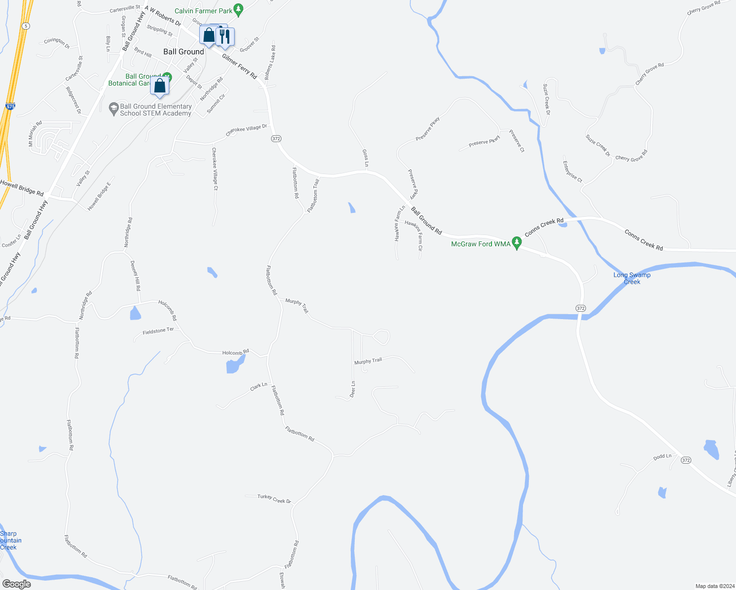 map of restaurants, bars, coffee shops, grocery stores, and more near 251 Murphy Trail in Ball Ground