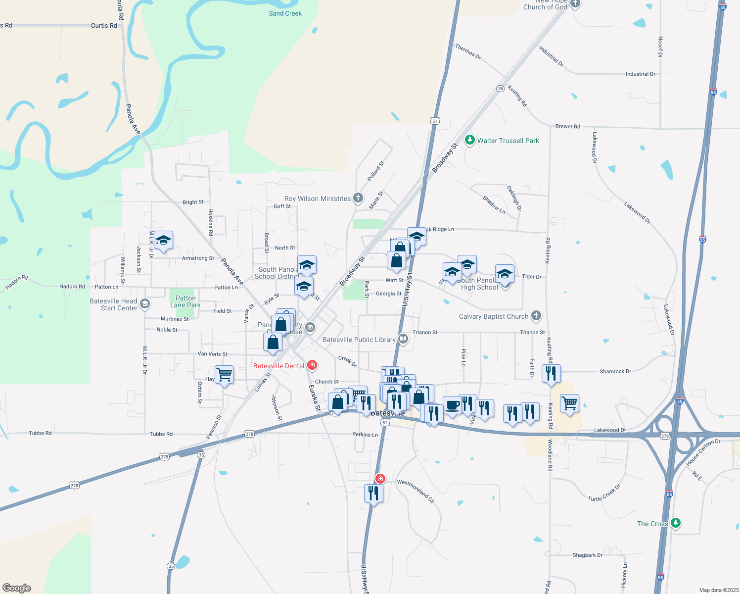 map of restaurants, bars, coffee shops, grocery stores, and more near 200 Georgia Street in Batesville