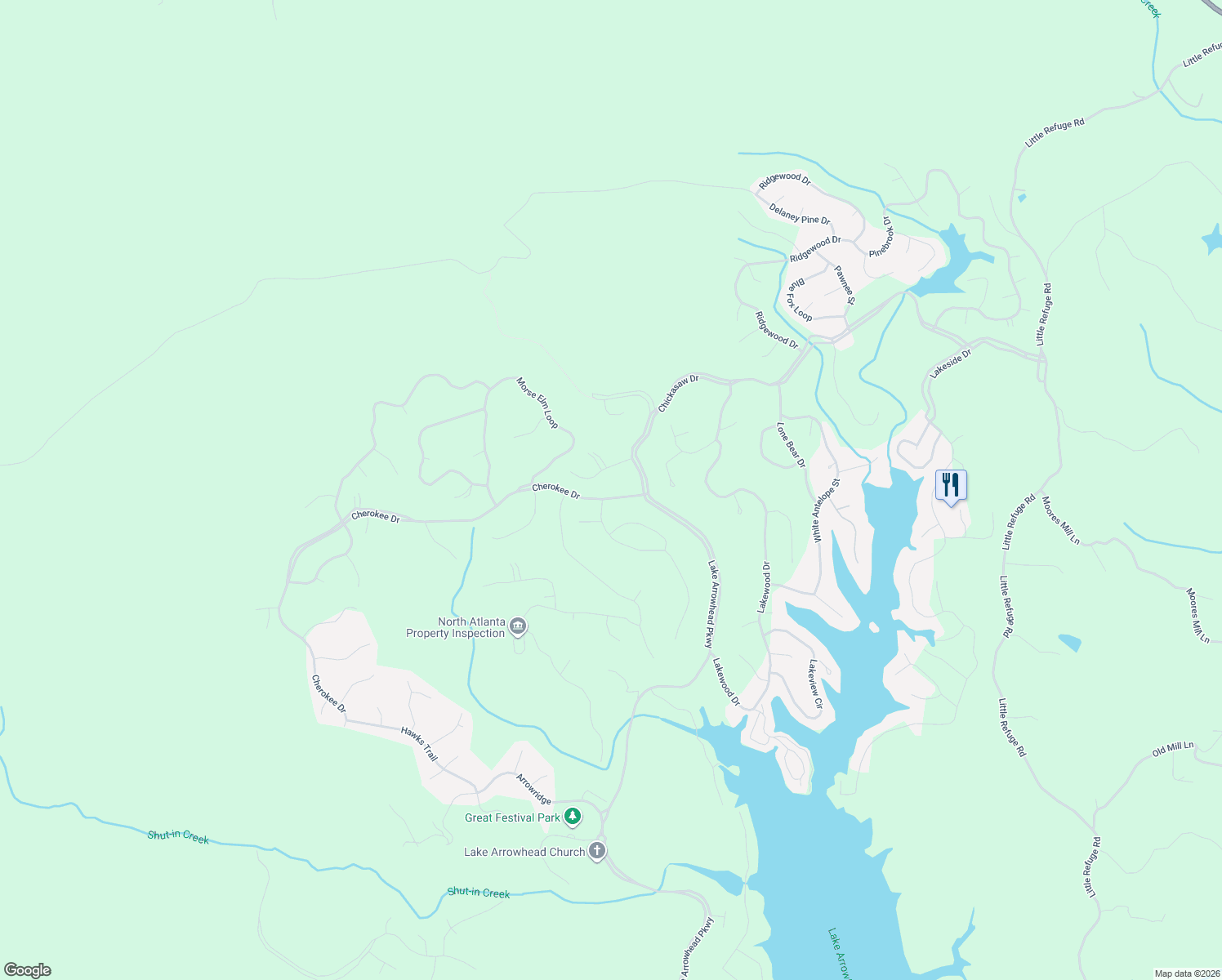 map of restaurants, bars, coffee shops, grocery stores, and more near 118 Cherokee Drive in Waleska