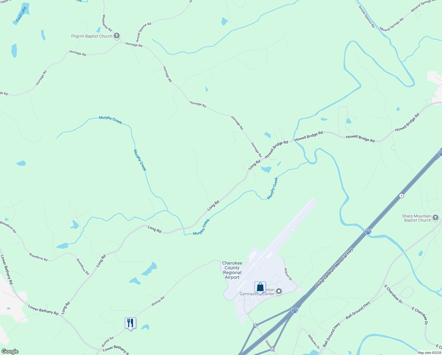 map of restaurants, bars, coffee shops, grocery stores, and more near 2201 Long Road in Ball Ground