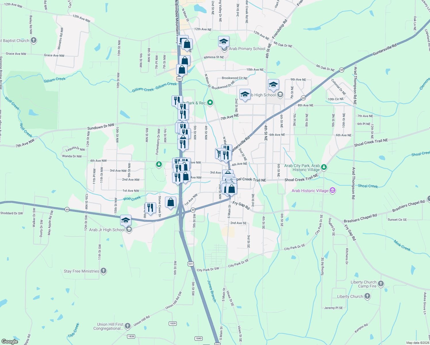 map of restaurants, bars, coffee shops, grocery stores, and more near 215 3rd Avenue Northwest in Arab