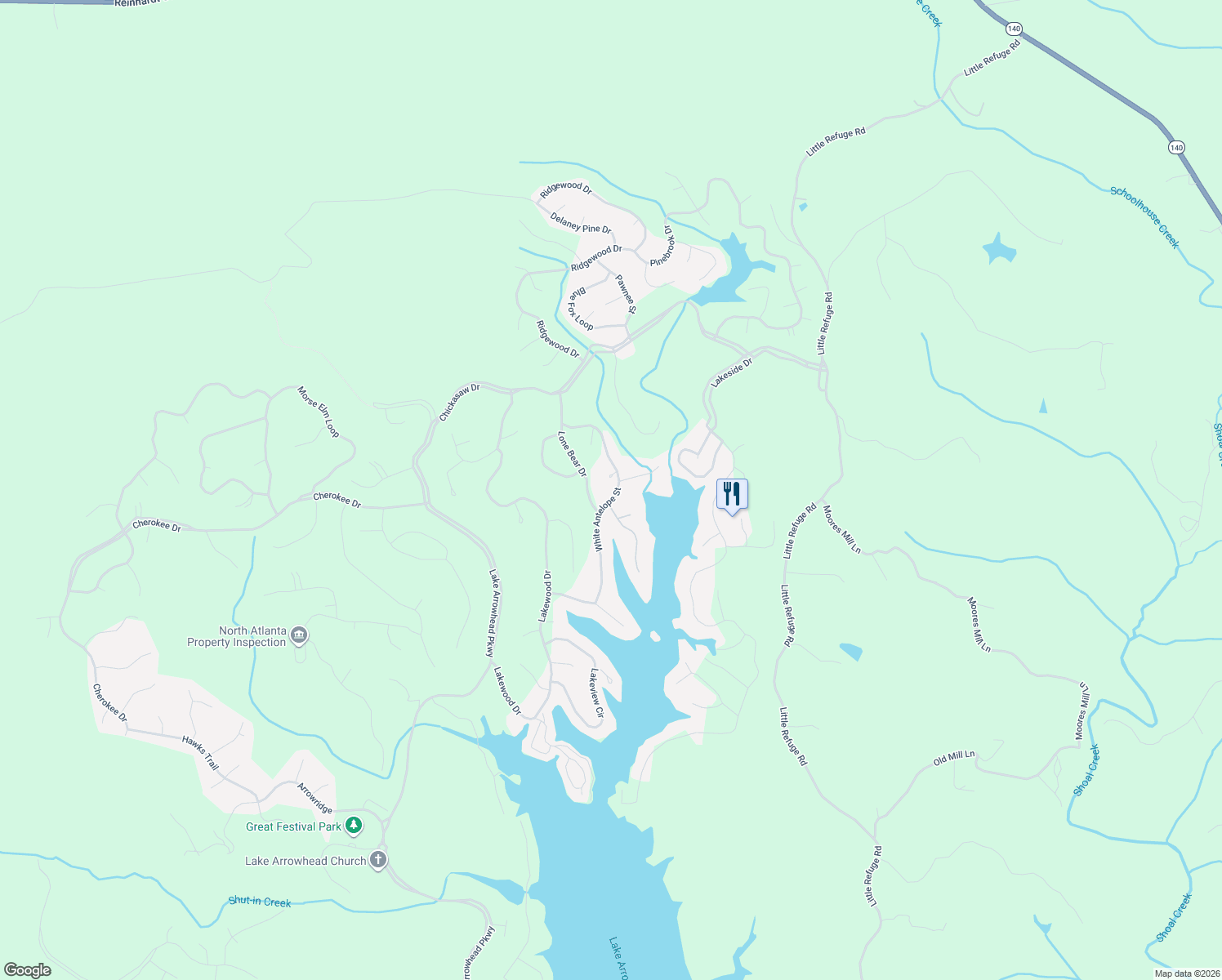 map of restaurants, bars, coffee shops, grocery stores, and more near 165 White Antelope Street in Waleska