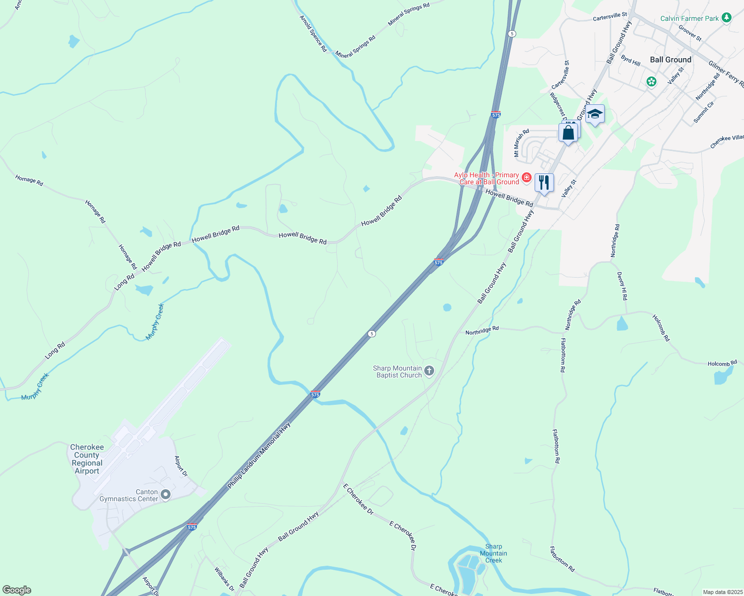 map of restaurants, bars, coffee shops, grocery stores, and more near 410 North Sharp Mountain Church Lane in Ball Ground