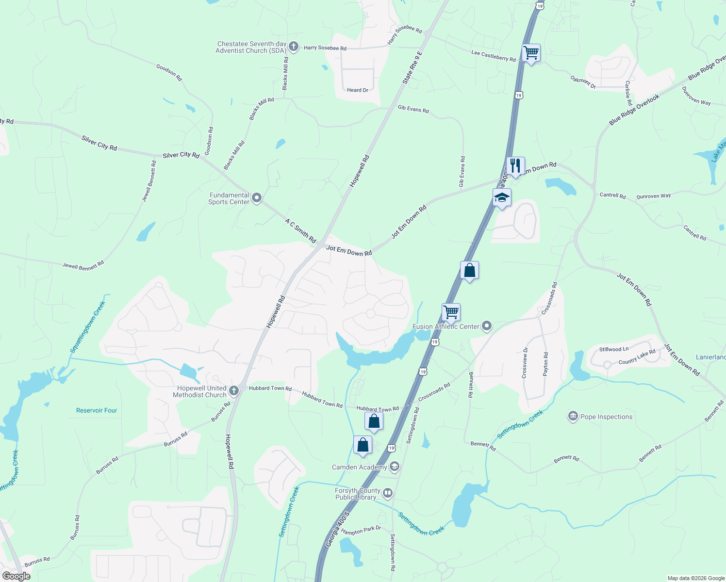 map of restaurants, bars, coffee shops, grocery stores, and more near 4420 Settlers Grove Road in Cumming