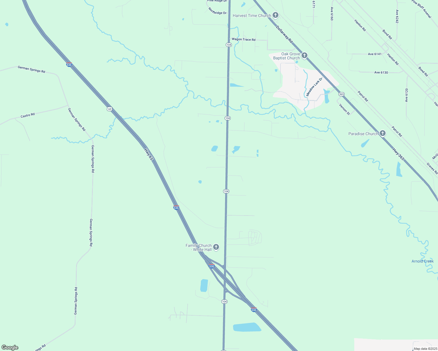 map of restaurants, bars, coffee shops, grocery stores, and more near 3108 Arkansas 104 in White Hall