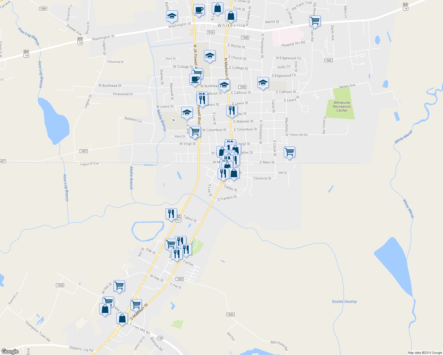 map of restaurants, bars, coffee shops, grocery stores, and more near C E Clifton Lane in Whiteville